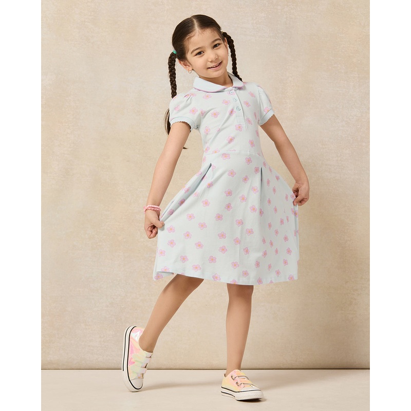 Girls Blue Floral Collar Pique Dress