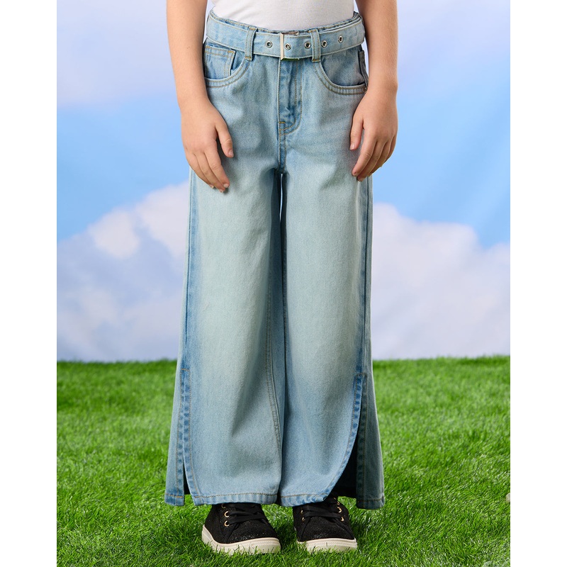 Girls Blue Wide Leg Jeans With Side Slits