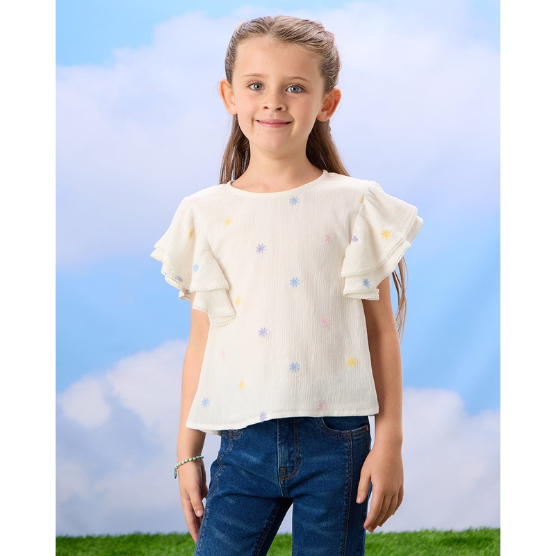 Girls Ivory Embroidered Frill Sleeve Blouse