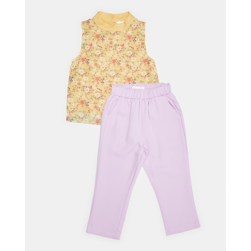 Girls Mustard And Lilac Printed Casual Set (2 Piece)