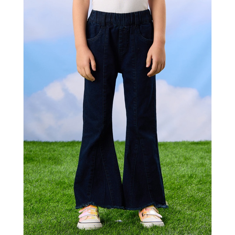 Girls Navy Flared Jeans With Fringes Bottom