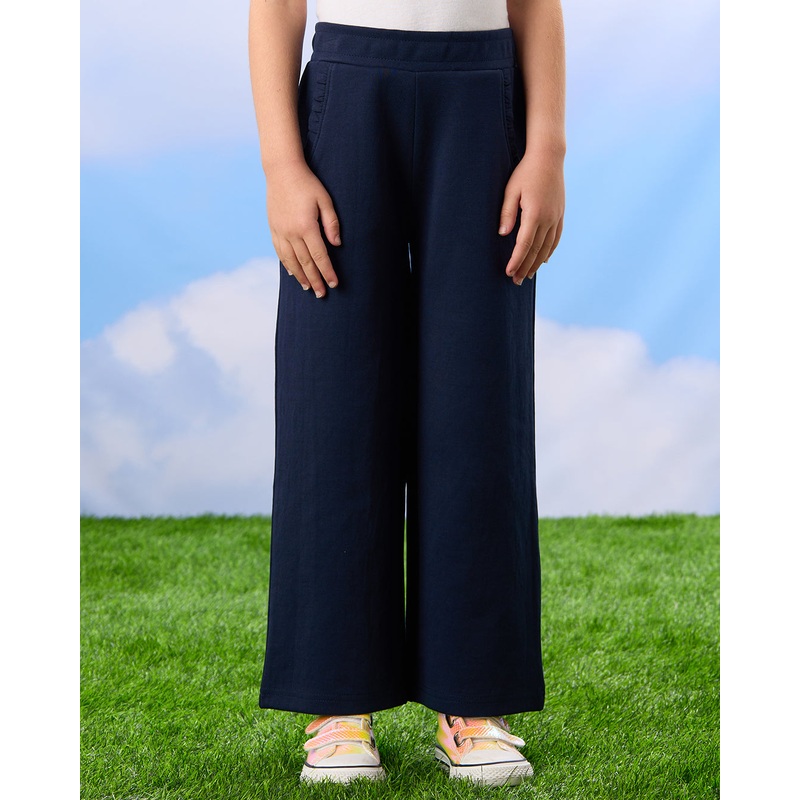 Girls Navy Pleated Interlock Wide leg Trousers