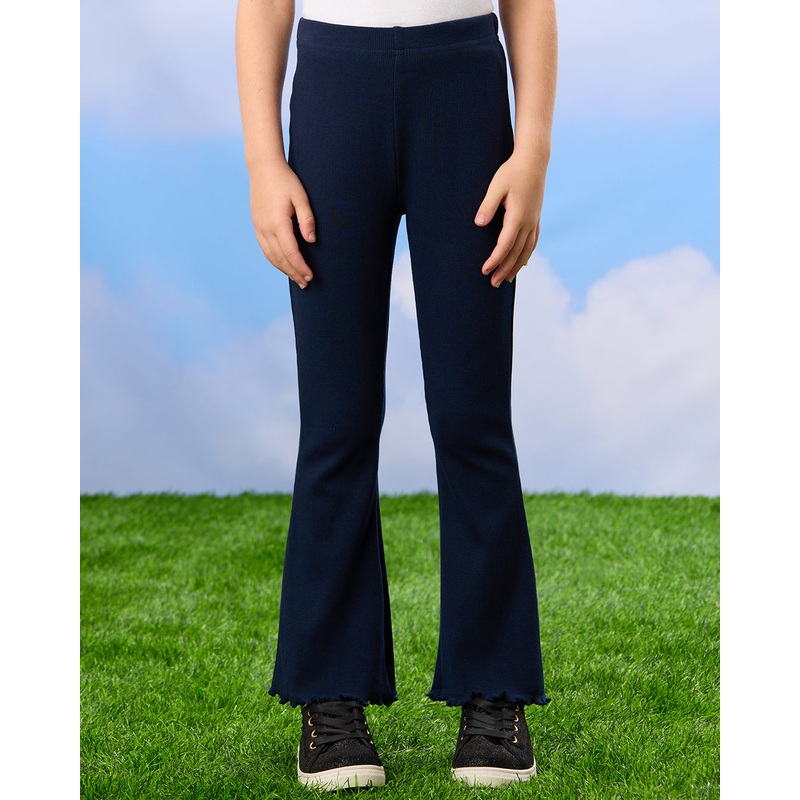 Girls Navy Rib Flared Leggings