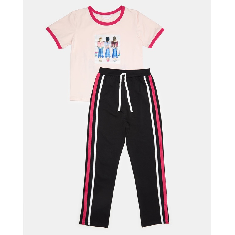 Girls Pink And Black Printed Casual Set (2 Piece)