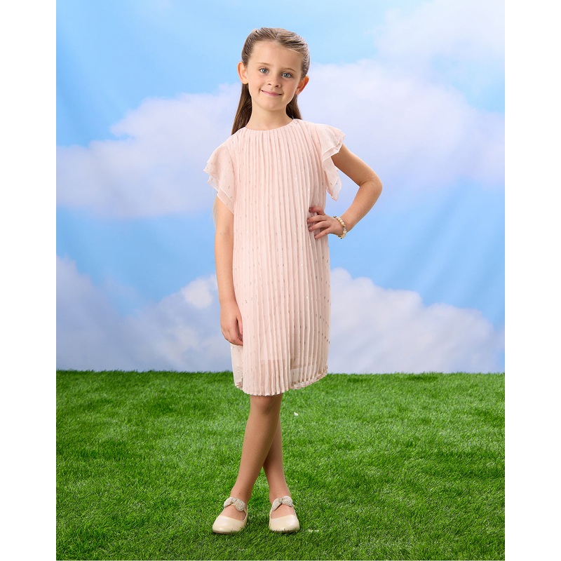 Girls Pink Glitter Plisse Chiffon Dress