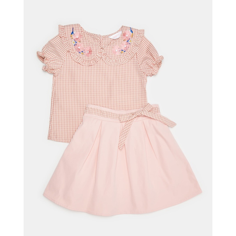 Girls Pink Striped Top And Skirt Casual Set (2 Piece)