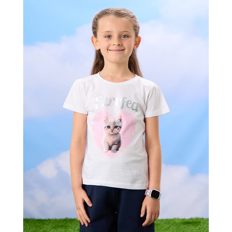 Girls White Cat Printed T-Shirt