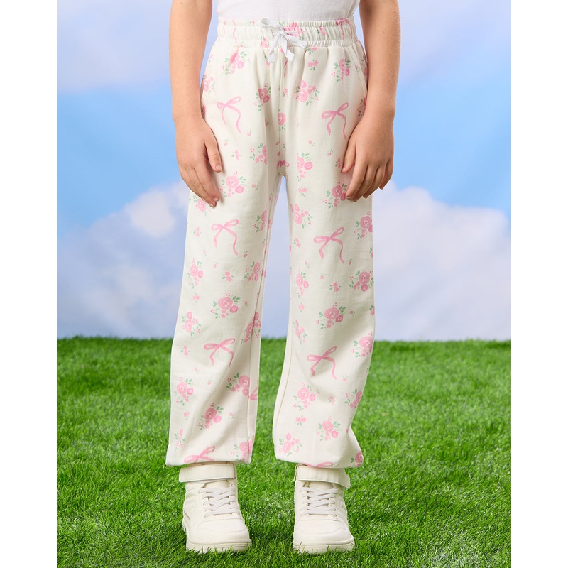 Girls White Floral Printed Active Track Pants