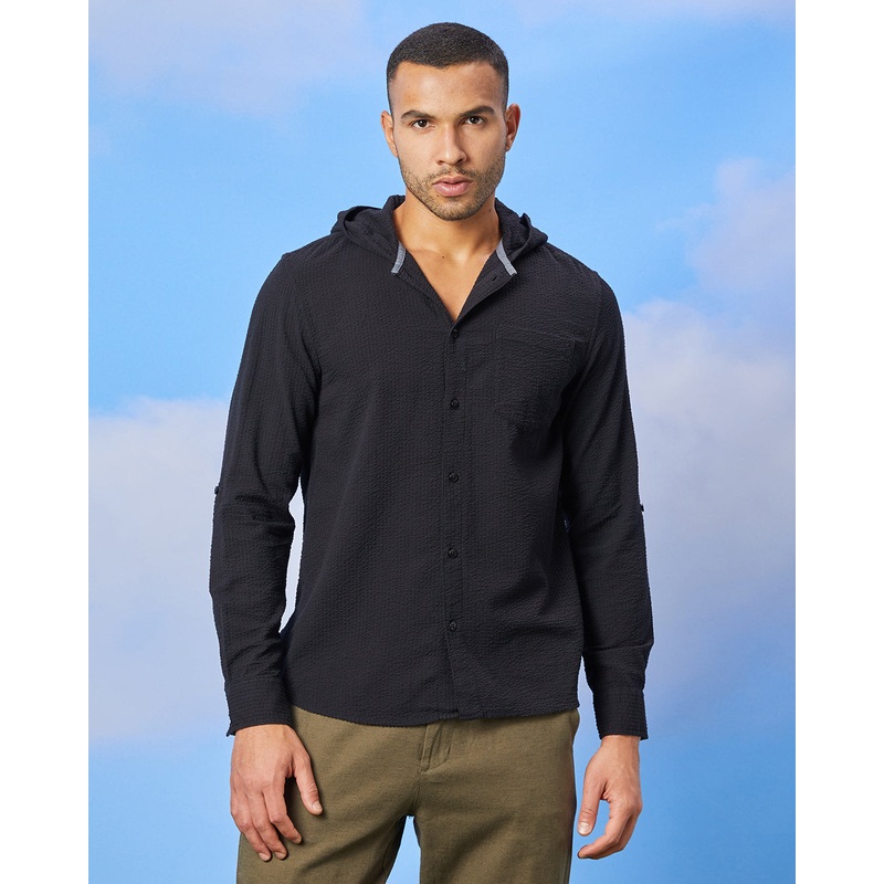 Men Black Hoodie Jacquard Shirt