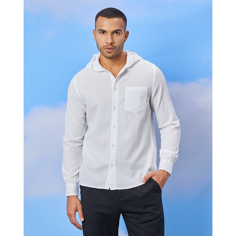 Men Ivory Hoodie Jacquard Shirt