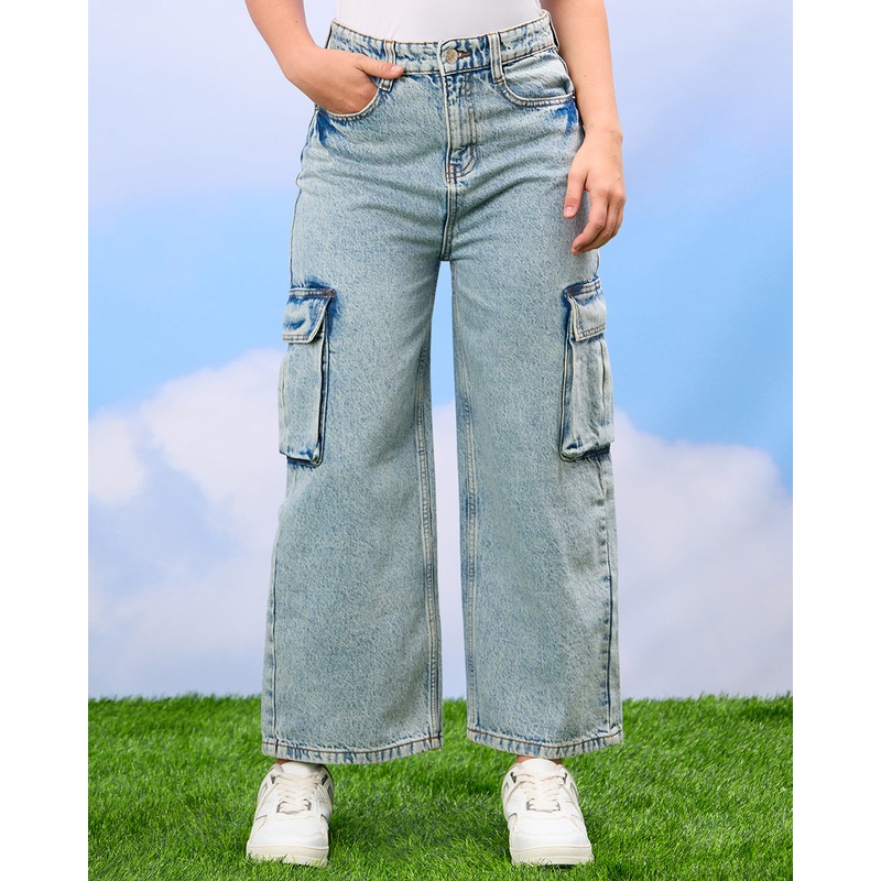 Senior Girls Blue Cargo Pocket Jeans