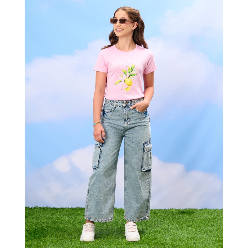 Senior Girls Pink Lemon Print T-Shirt
