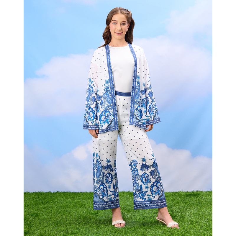 Senior Girls White And Blue Print Cardigan
