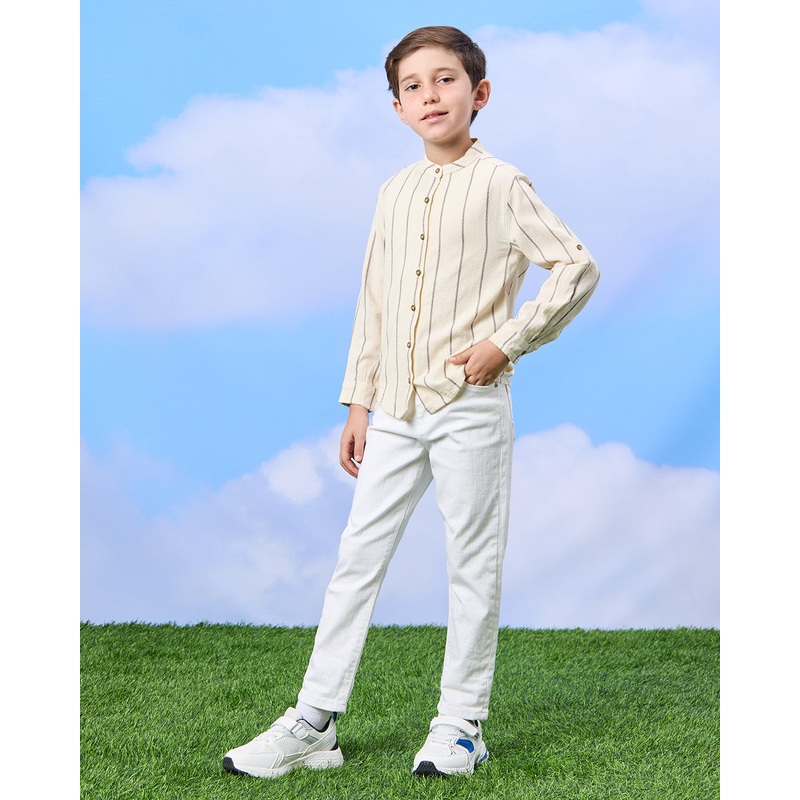 Boys Beige Striped Mandarin Collar Shirt