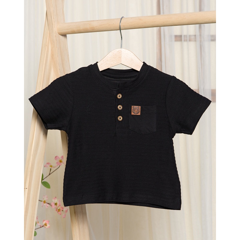 Infant Boys Black Solid Jacquard Henley T-Shirt