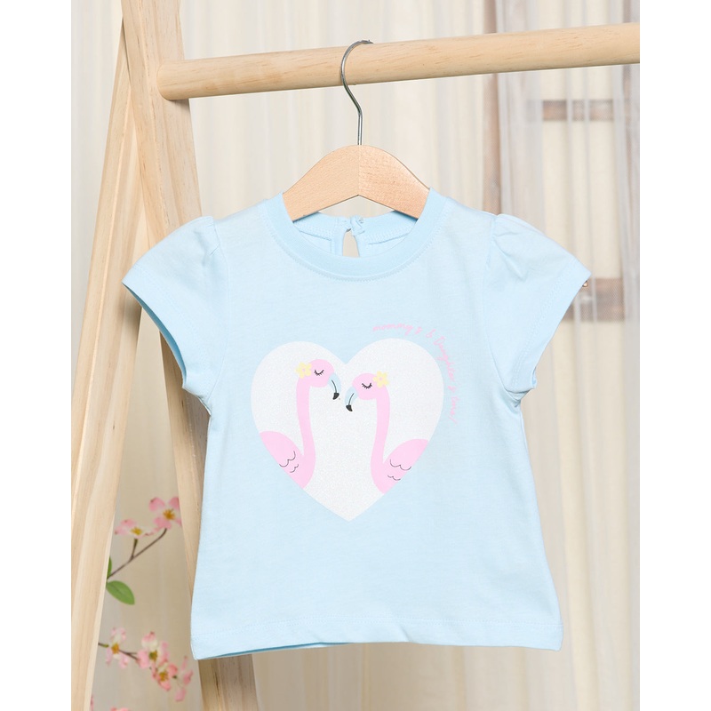 Infant Girls Blue Flamingo Heart Print T-Shirt