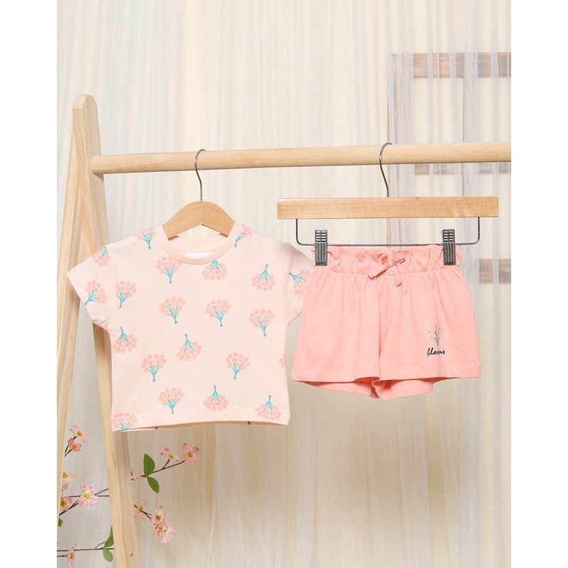 Infant Girls Peach Floral Print Short Set (2 Piece)