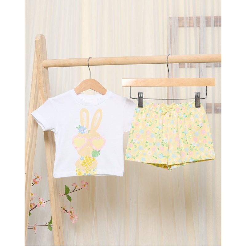Infant Girls White And Yellow Bunny Print Short Set (2 Piece)