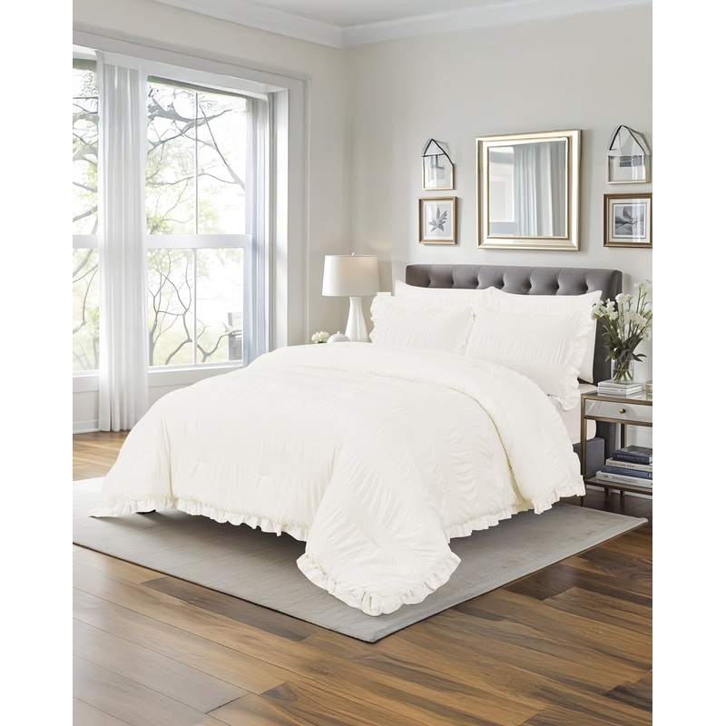 Ivory 3-Piece Textured Ruffle Comforter Set (King Size)