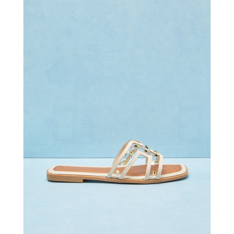 Women Beige With Studs Trim Mule