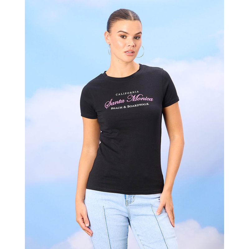 Women Black Santa Monica Printed T-Shirt
