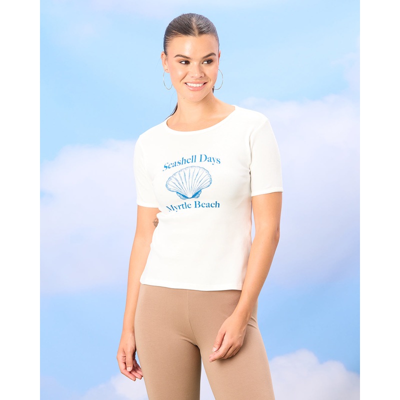 Women Cream Seashell Print T-Shirt