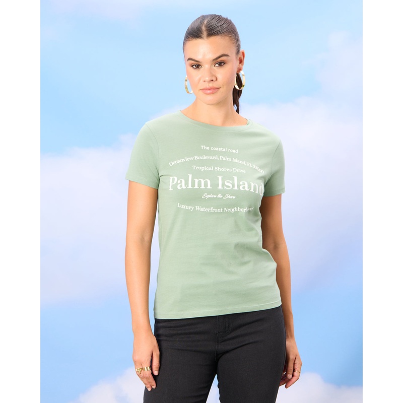 Women Green Palm Island Print T-Shirt