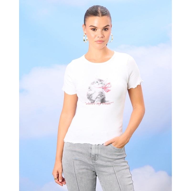 Women Ivory Cat Print T-Shirt|UK8|UK10|UK12|UK14|UK16|UK18