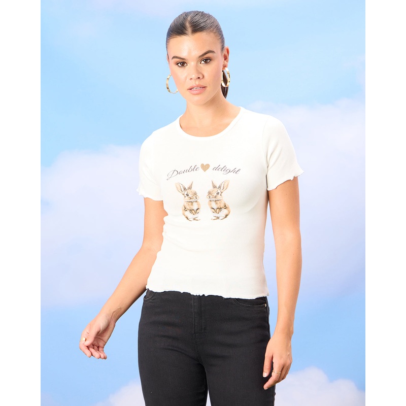 Women Ivory Rabbit Print T-Shirt