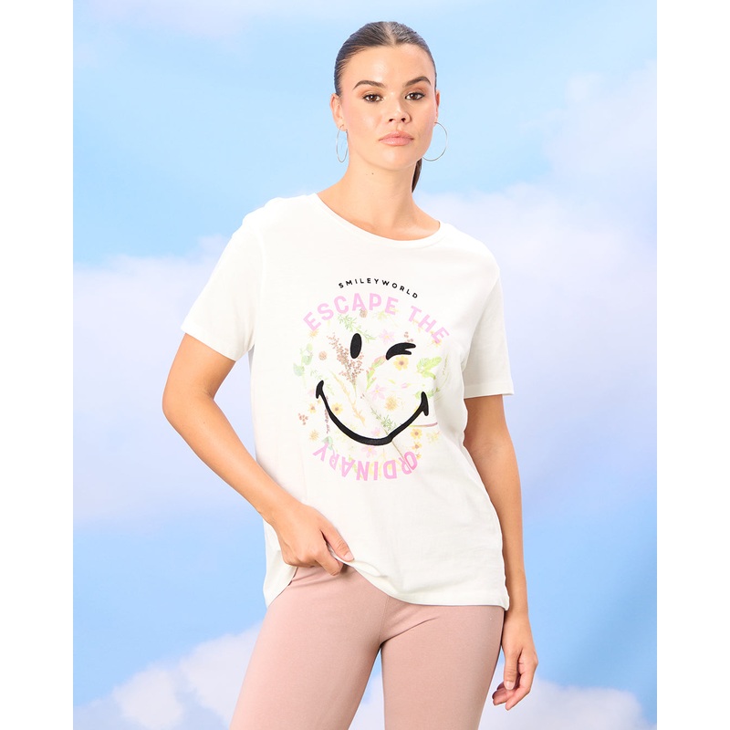 Women Ivory Smiley Printed T-Shirt