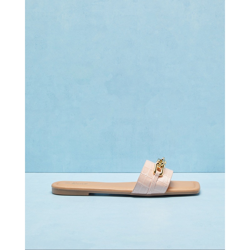 Women Pink Croc With Chain Trim Mule