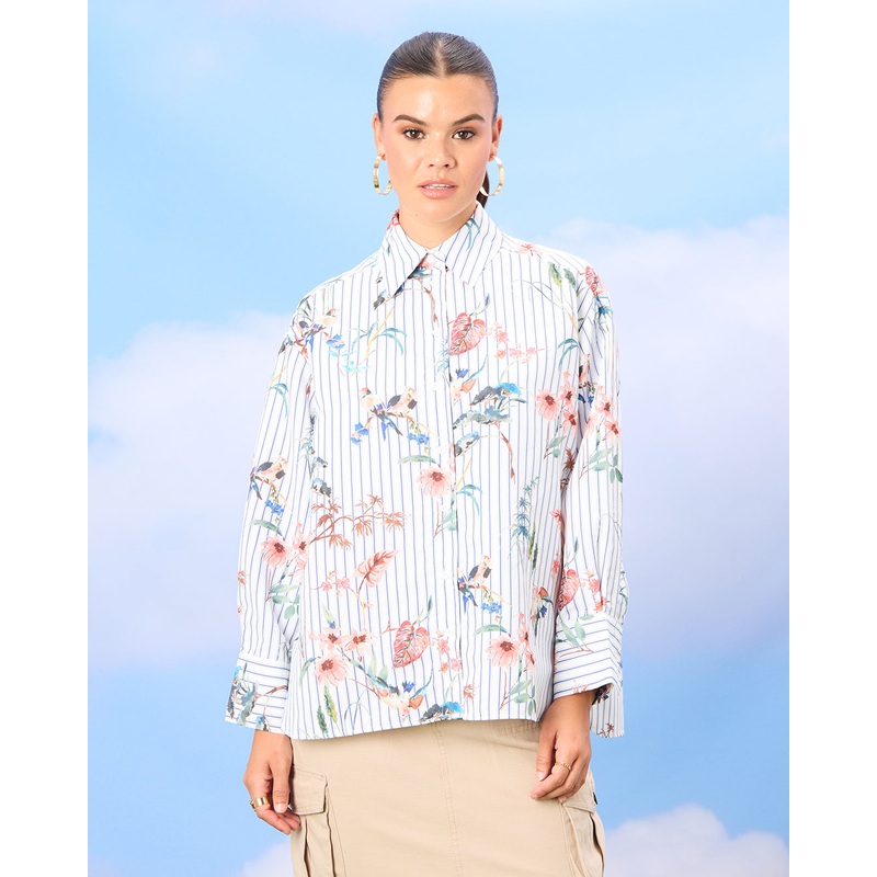 Women White Print Detailed Striped Shirt