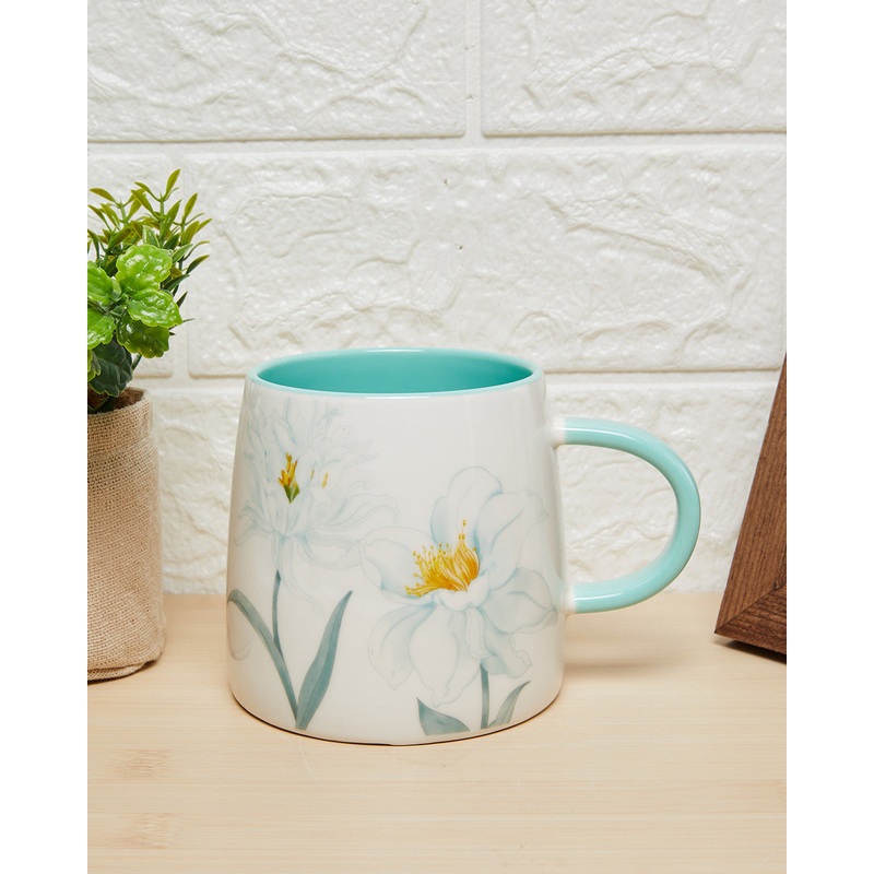 Blue Floral Mug With Color Glaze Handle (14oz)