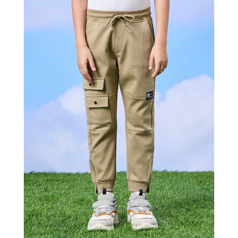 Boys Olive Patch Pocket & Zipper  Jogger Pants