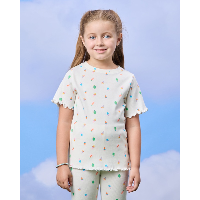 Girls Ivory Ice Cream Allover Print Rib Frill Sleeve T-Shirt