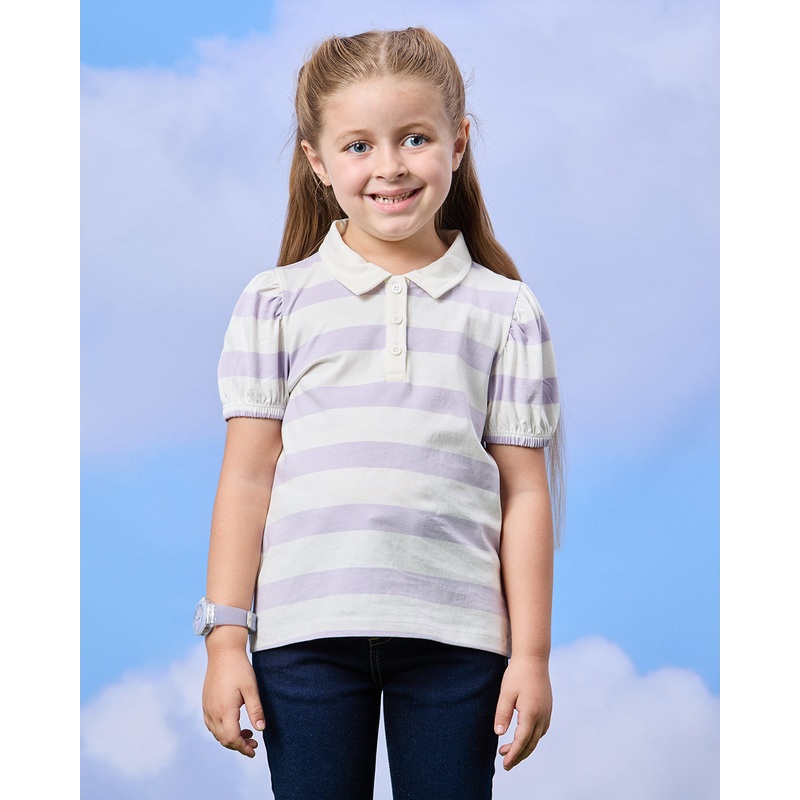 Girls Lilac Yarn Dyed Jersey Stripes Polo T-Shirt
