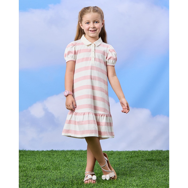 Girls Pink Yarn Dyed Jersey Striped Polo Dress