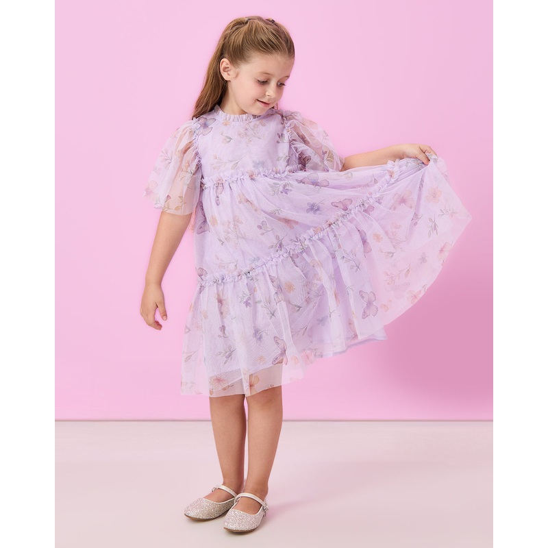 Girls Purple Rose Print  Layered Mesh Dress