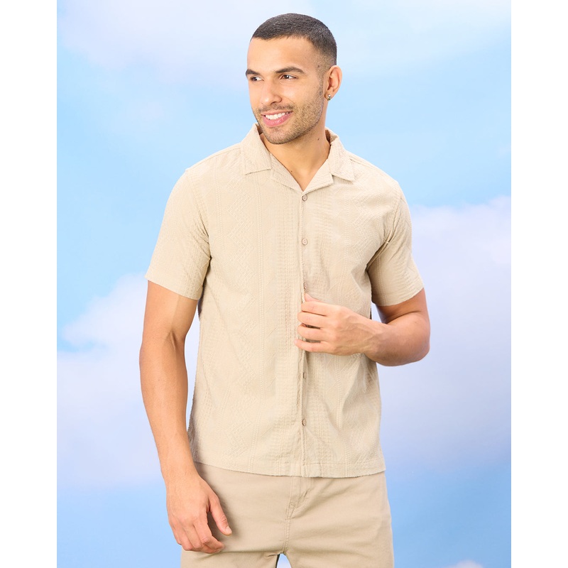Men Beige Textured Casual Shirt