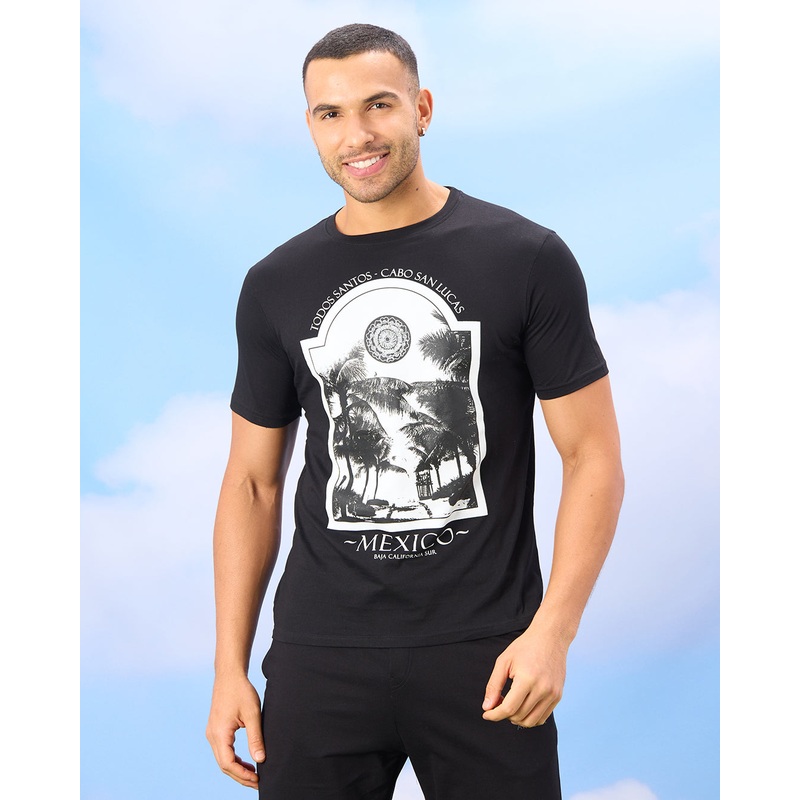 Men Black Basic Graphic T-shirt