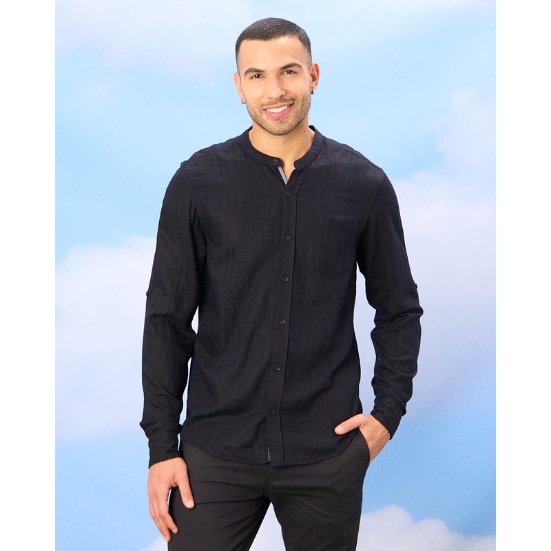 Men Black Mandarin Collar Shirt