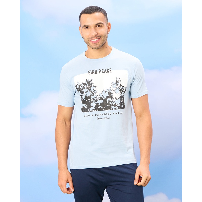 Men Blue Basic Graphic T-shirt