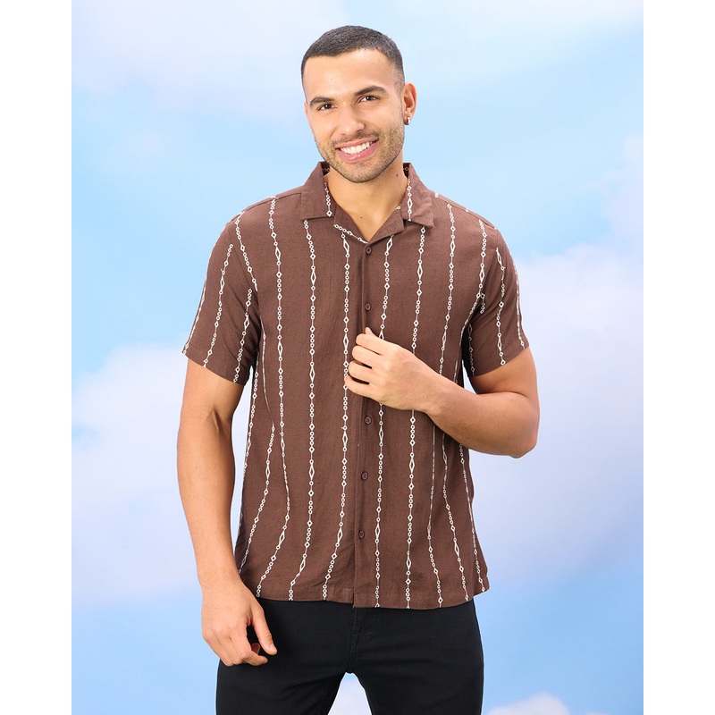 Men Brown Embroidered Casual Shirt