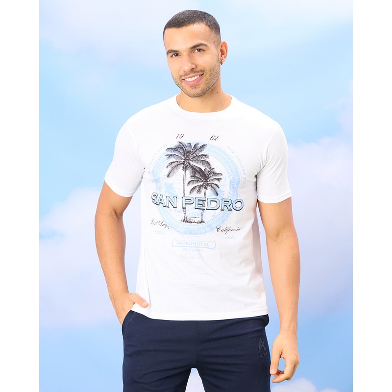Men White Basic Graphic T-shirt