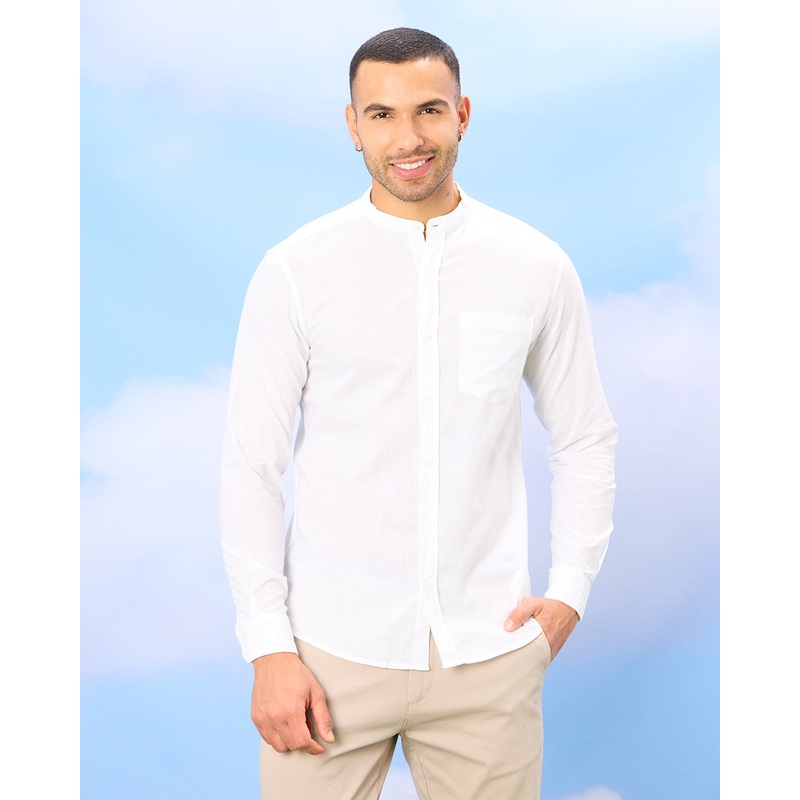 Men White Mandarin Collar Shirt