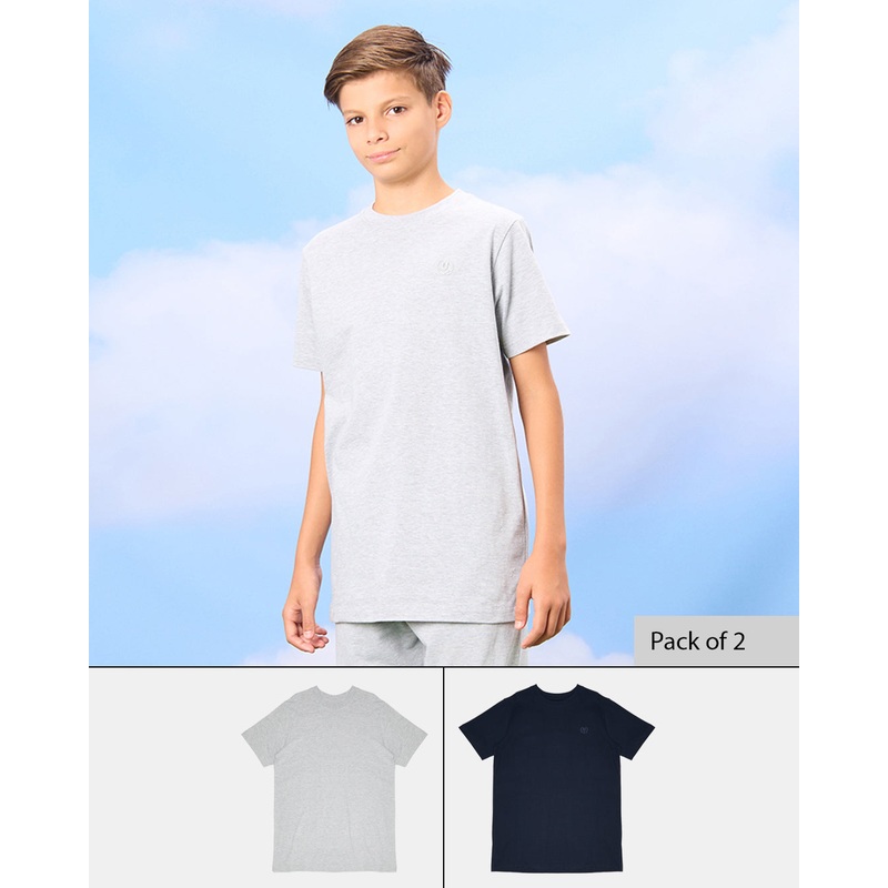 Senior Boys Grey And Navy Solid T-Shirt Set (2 Piece)