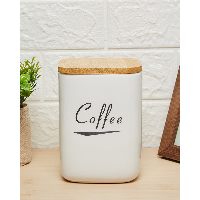 White Coffee Canister With Bamboo Cover