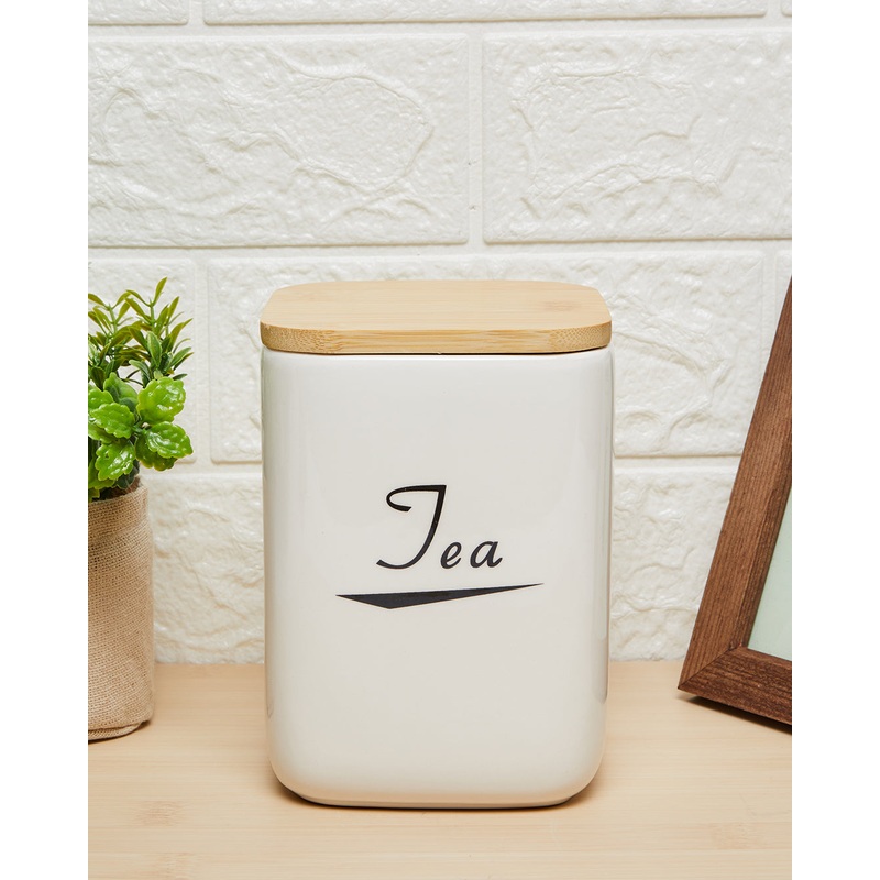 White Tea Canister With Bamboo Cover