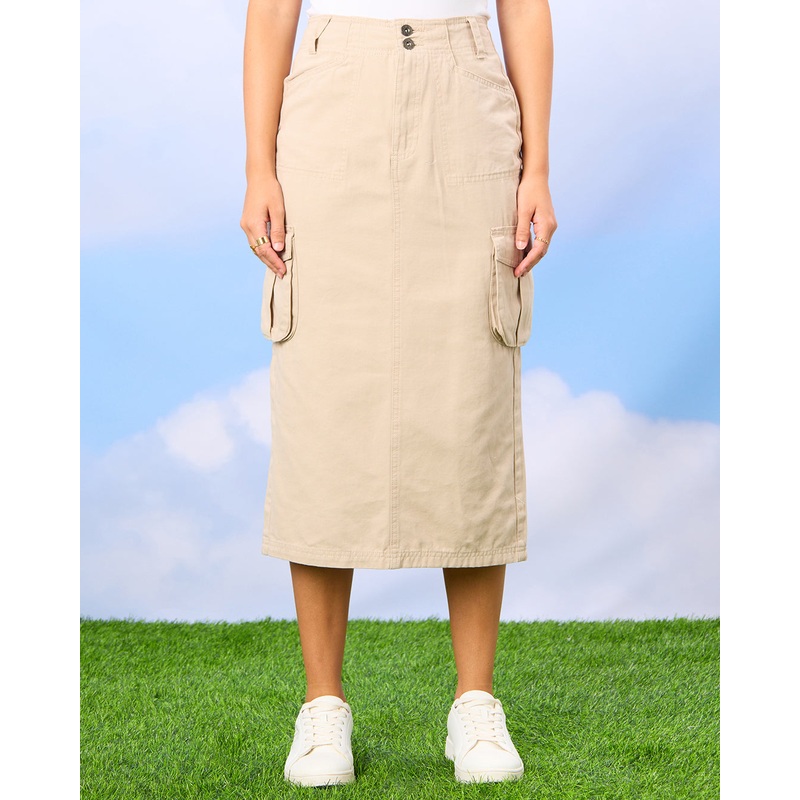 Women Beige Cargo Pocket Skirt