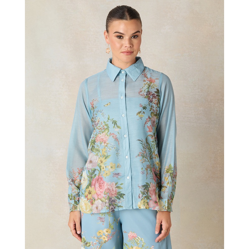 Women Blue Printed Collared Button Down Shirt